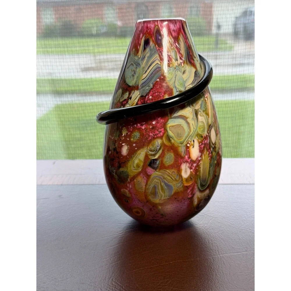 Robert Eickholdt 2000 Signed Studio Art Glass Vase Dichroic Black Wrap Sculpture